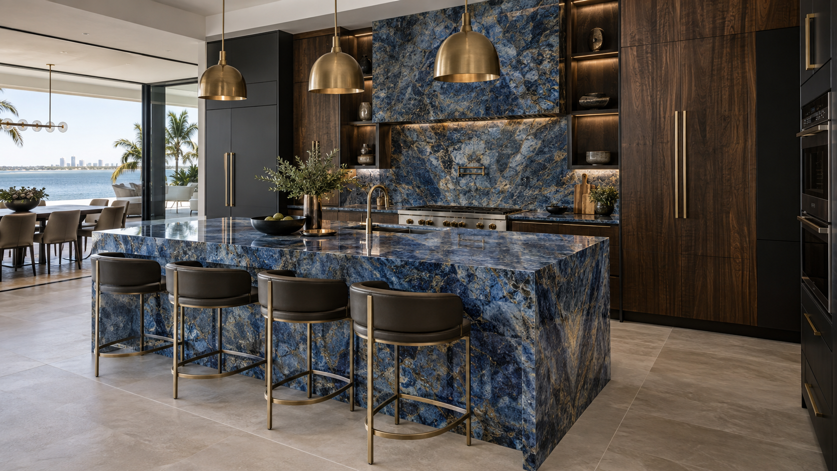 Design inspiration showing Blue Bahia granite with smoked eucalyptus and black cabinetry