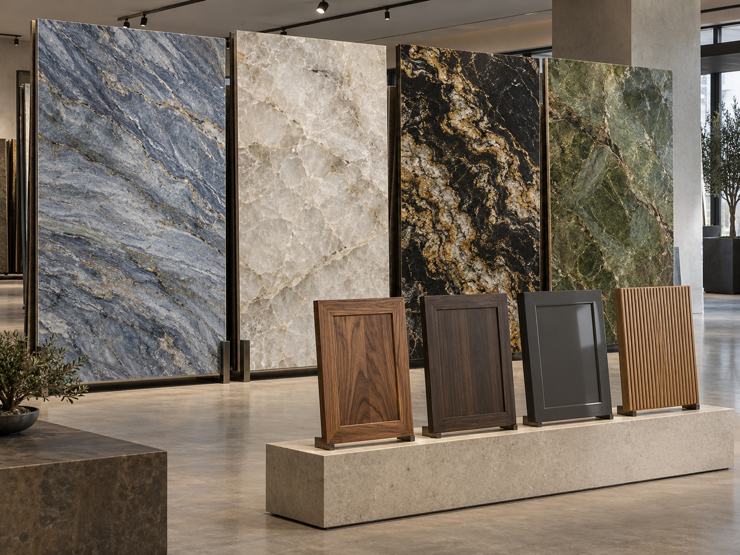 Design inspiration showing exotic natural stone slabs and specialty cabinet door finishes