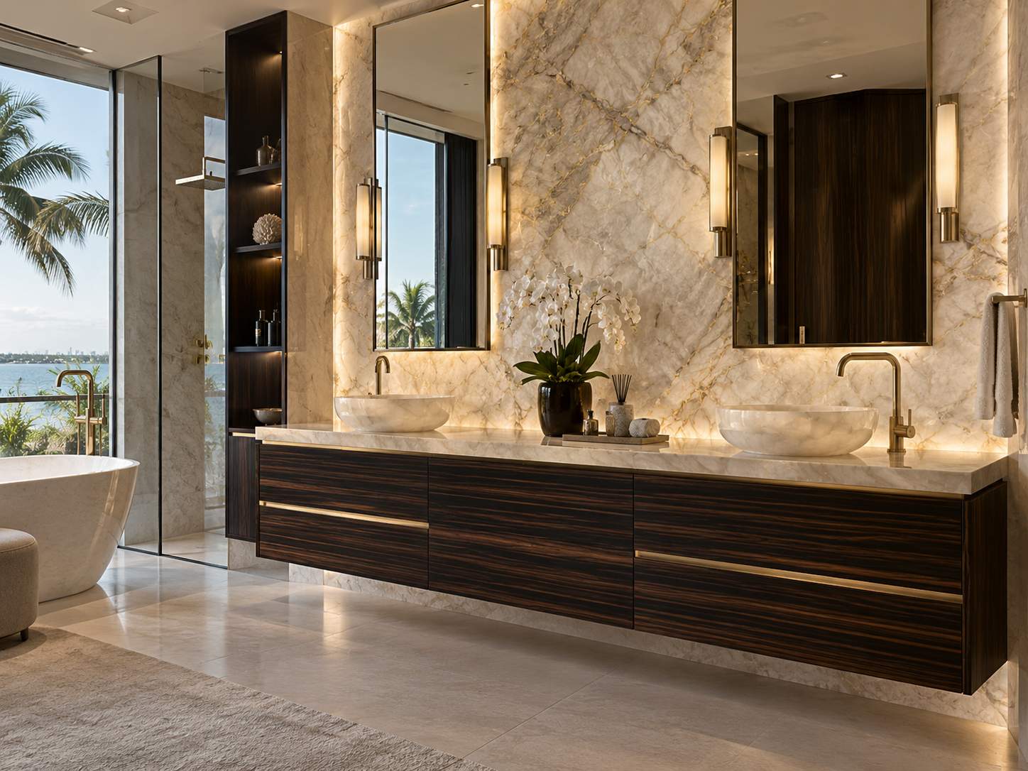 Luxury bathroom design inspiration with Macassar ebony vanity cabinetry and Cristallo quartzite
