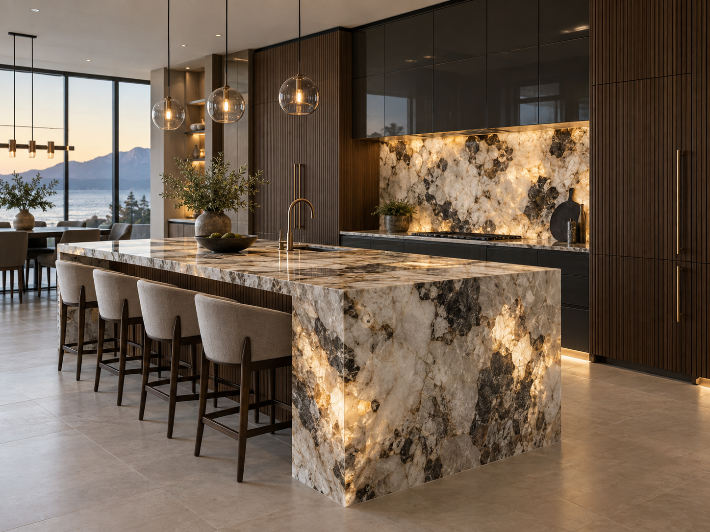 Design inspiration showing backlit Patagonia quartzite and fluted walnut cabinetry