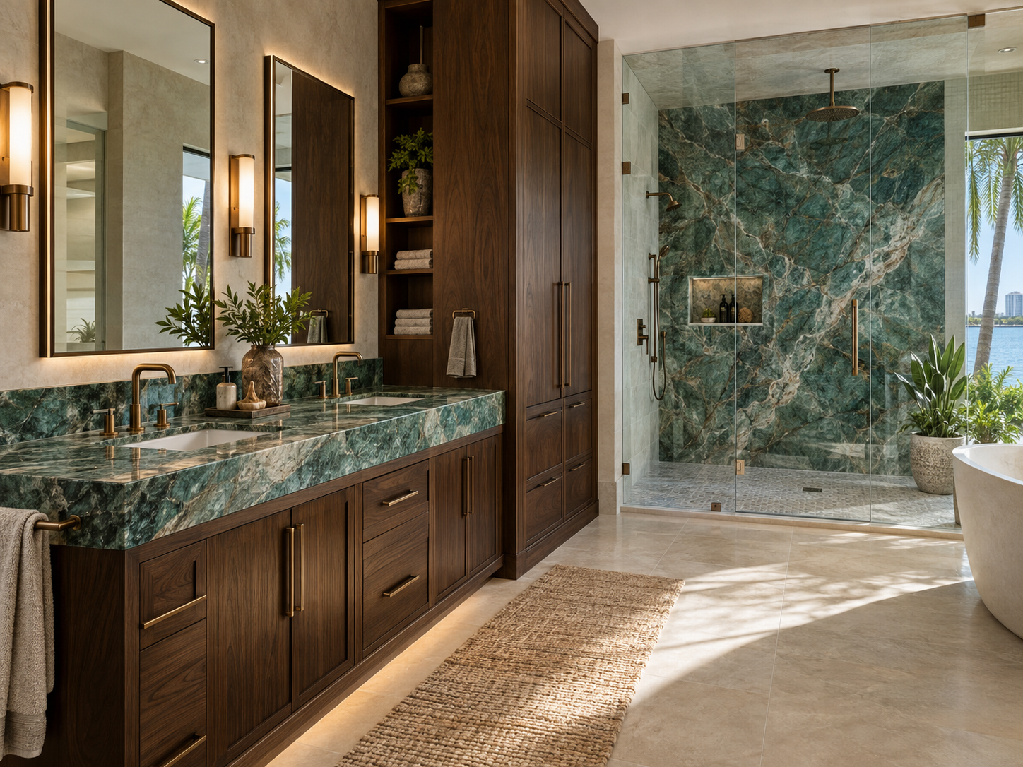 Luxury spa bathroom design inspiration with walnut cabinets and green-blue exotic granite